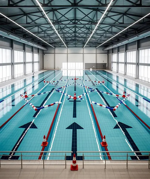 Large indoor training pool for kayaking with marked lanes and directional arrows on the floor, safety cones and buoys arranged for practice, industrial ceiling structure, clean and symmetrical composition, realistic photography, high detail
