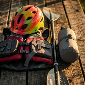 Close-up of kayaking equipment on a wooden surface: helmet, life jacket, paddle, dry bag, warm natural light, shallow depth of field, realistic photography, high detail
