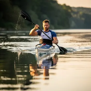 A kayaker training on a calm river, focusing on paddle technique and body position, natural outdoor light, water reflections, dynamic yet controlled movement, realistic photography, high detail
