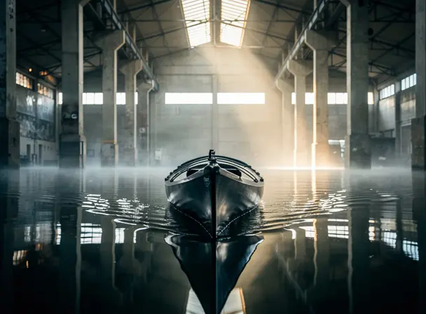 A dramatic front view of a modern kayak positioned on calm water inside a large industrial boathouse, soft natural light entering from above, cinematic atmosphere, reflections on the water surface, symmetrical composition, high detail, realistic photography
