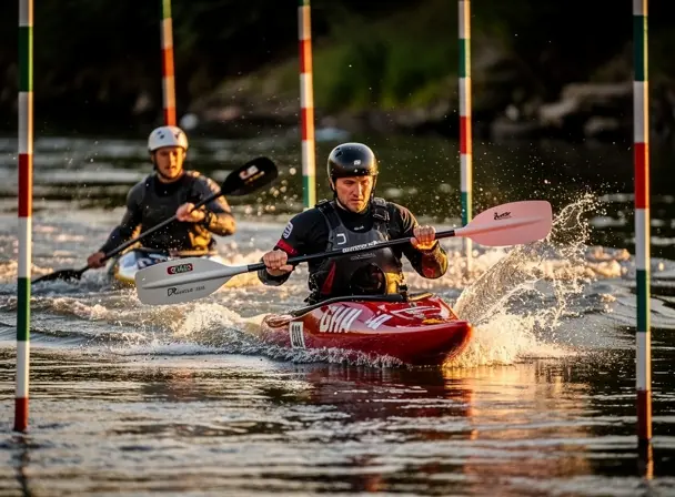 Two kayakers navigating between slalom buoys on a wide river, dynamic movement, water splashes, outdoor natural light, training session atmosphere, realistic photography, high detail, action shot, shallow depth of field
