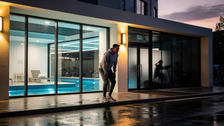 Homme hésitant devant club de sport avec piscine illuminée, ambiance crépusculaire urbaine réaliste