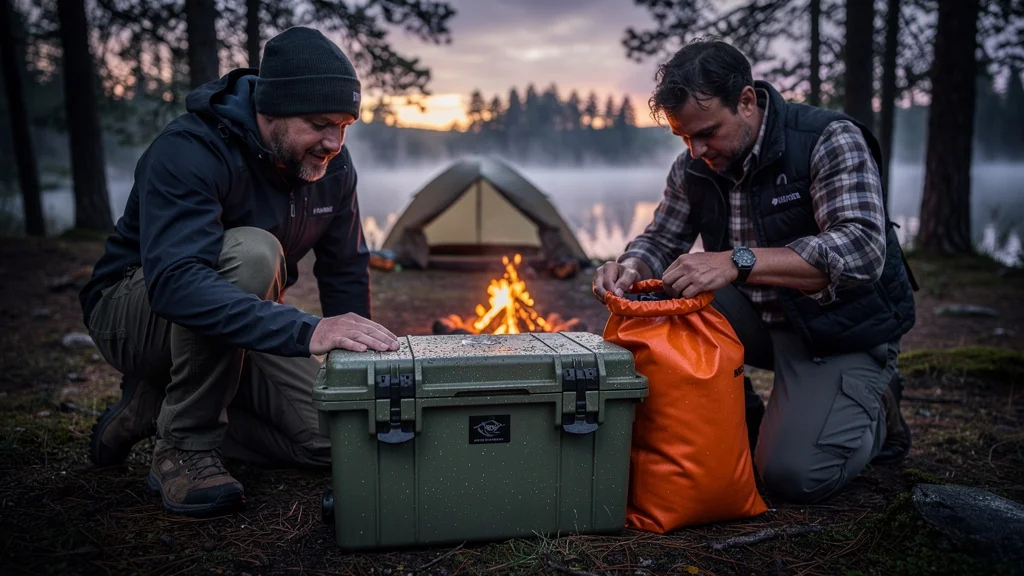 Comparatif waterproof 20L rigide vs sac étanche souple lors de bivouac en pleine nature