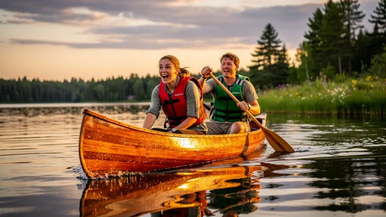 Canoë biplace pour première sortie à deux sur un lac face au vent, moment décisif et émotion intense