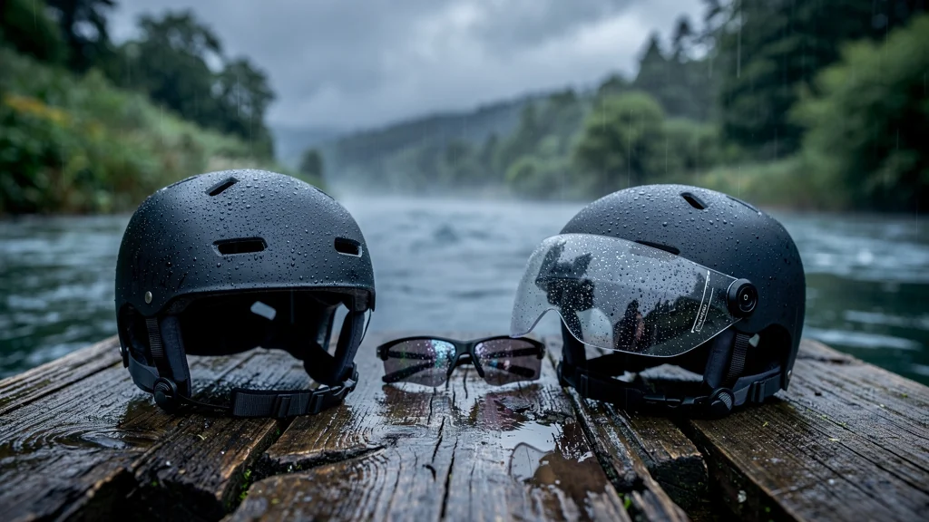 Casques fluviaux avec et sans visière sous la pluie fine lors d’un test de 8 sorties