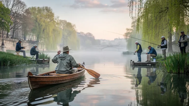 Pagayage paisible à côté de pêcheurs à la ligne sur la Seine au lever du soleil