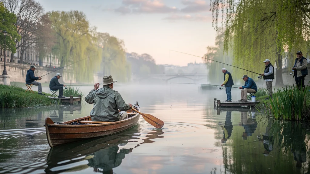 Pagayage paisible à côté de pêcheurs à la ligne sur la Seine au lever du soleil
