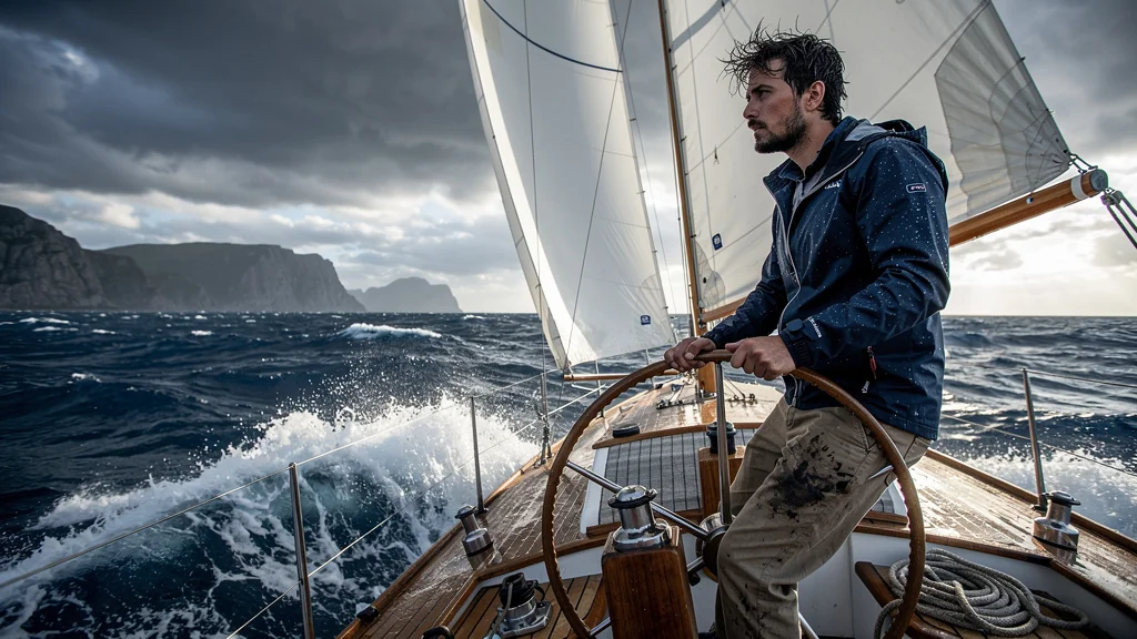 Homme naviguant sans gilet de sauvetage sur mer agitée sous ciel orageux illustrant les risques en bateau