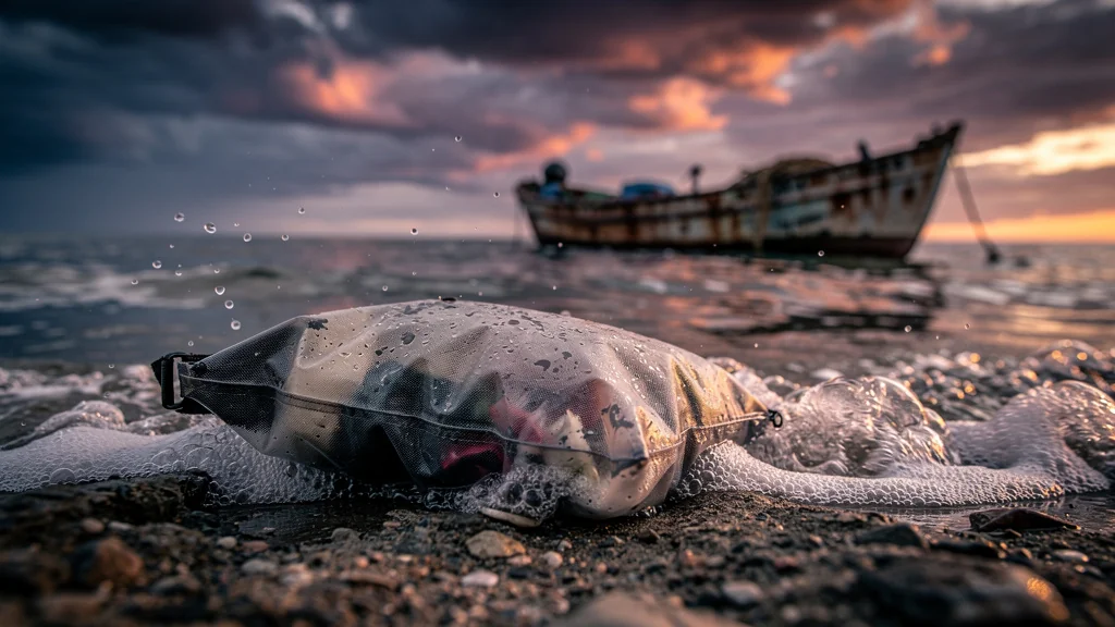Sac étanche endommagé en mer illustrant l’importance de l’étanchéité du sac étanche avant négligence