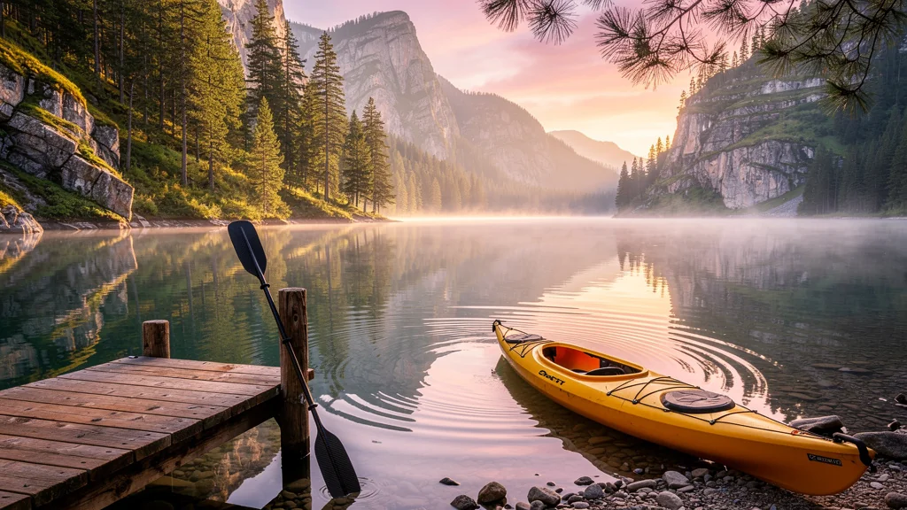Jeune kayakiste regrette son choix d'une pagaie trop lourde au bord d'un lac en montagne au coucher du soleil