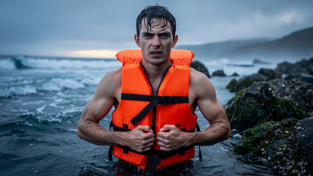 Homme en mer luttant avec une veste de flottaison mal ajustée qui remonte sans cesse, illustration sécurité nautique