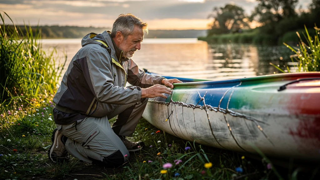 Kayak en plastique réparé avec fissures visibles et kayakiste inspectant sous lumière dorée au bord de rivière