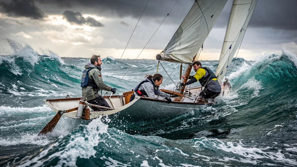 Image réaliste d’un équipage redressant un voilier chaviré avec des méthodes populaires en mer agitée