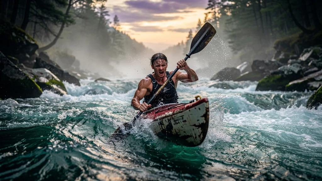 Kayakiste luttant contre un fort courant, ressentant la douleur et la force du corps en pleine action