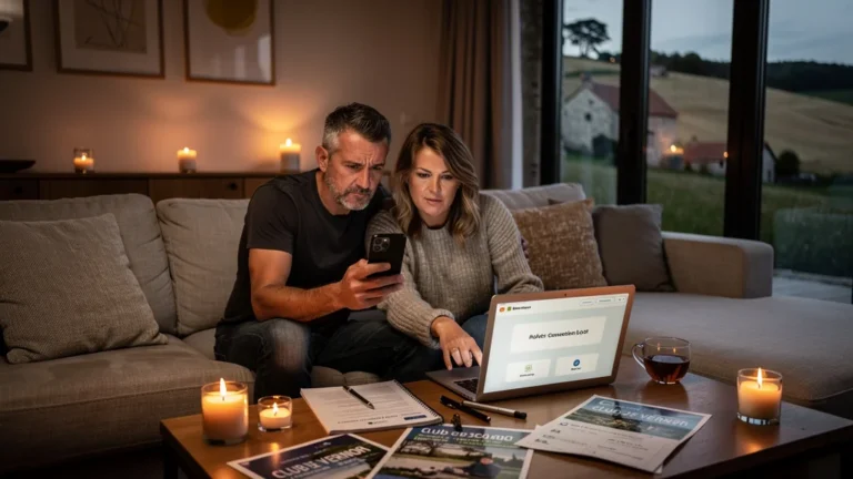 Couple réfléchissant lors d'une coupure d'électricité entre club de Vernon et location en direct