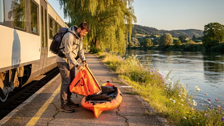 Test de déplacement train et kayak pliable de Saint-Étienne à Vernon en image ultra-réaliste