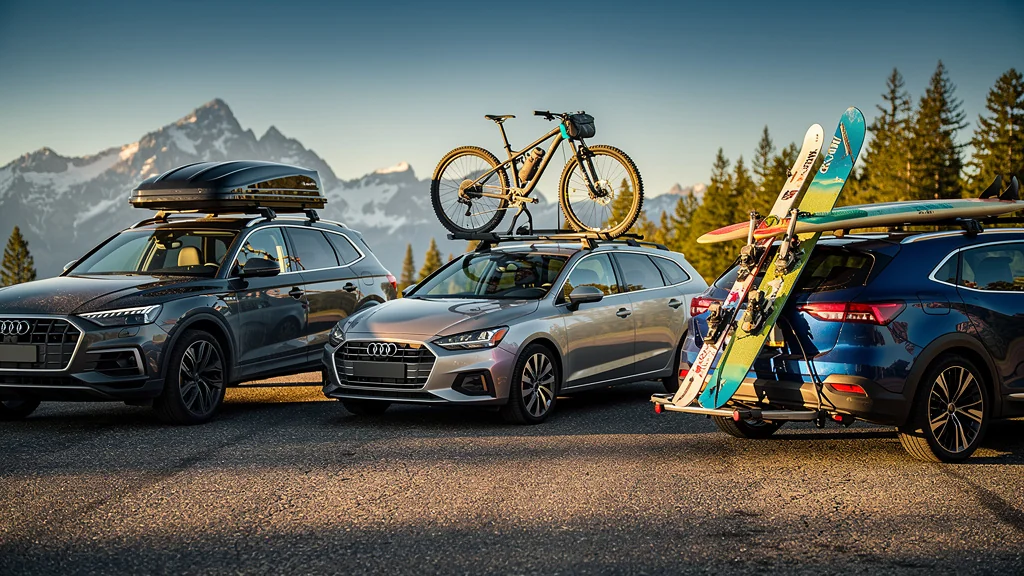 Comparaison photo ultra-réaliste de 3 systèmes de transport sur toit de voiture avec vélo, skis et surf