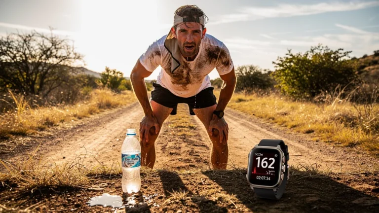 Coureur fatigué après 25 km mal hydraté sur sentier rural en plein soleil