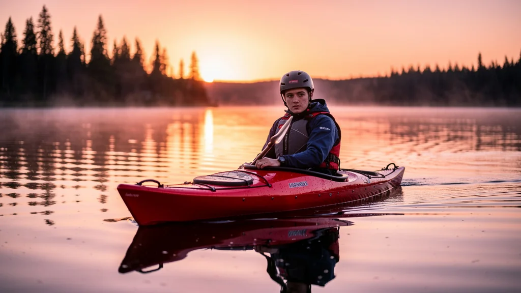 Kayak en équilibre instable sur un lac au coucher du soleil, illustrant la compréhension de l'équilibre