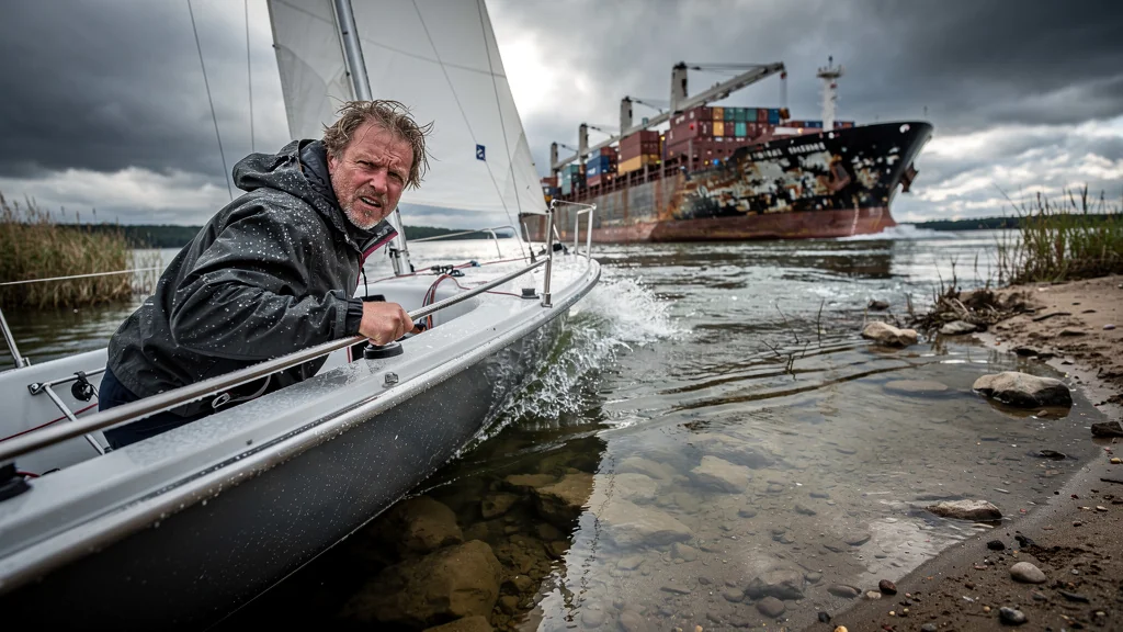 Sailboat taking wrong navigation path to avoid barge on river, causing costly maritime mistake