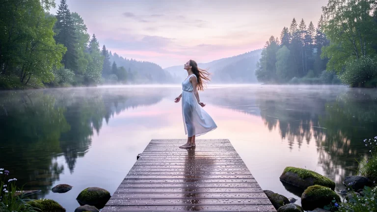 Jeune femme ressent une connexion unique avec la rivière lors d’un calme plat au lever du jour