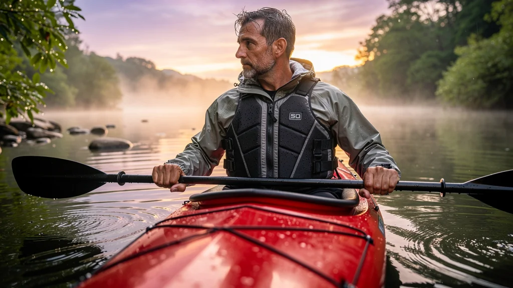 Kayakiste portant un gilet d'aide à la flottabilité mousse dense 50N testé 150 heures en rivière