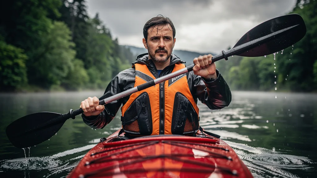 Kayakiste testant un gilet de sauvetage avec zip et prise d’eau lente en rivière calme