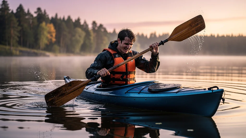 Kayakiste fatigué avec une pagaie trop lourde sur un lac paisible au lever du soleil