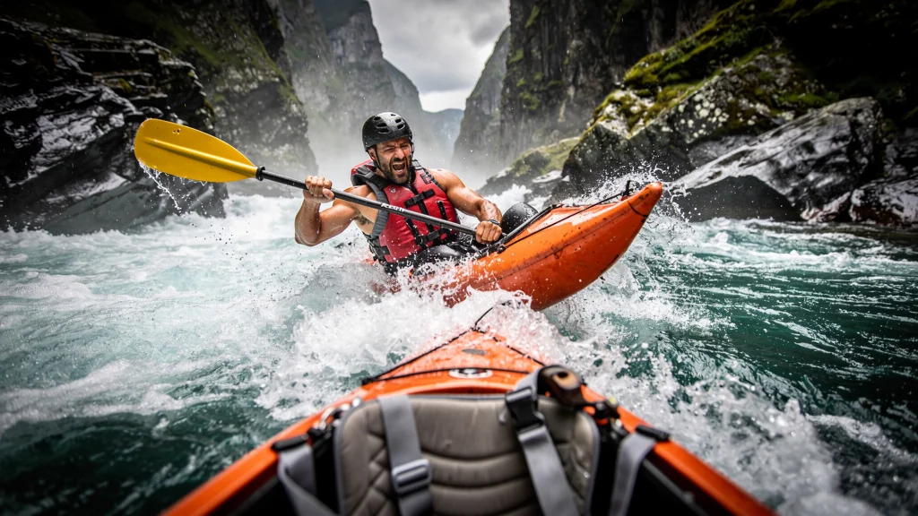 Homme en kayak luttant en eaux vives, illustrant l’importance des réglages du siège en rivière