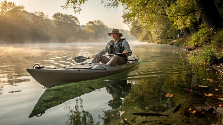 Homme en kayak de pêche sur la Seine calme au lever du jour, lutte contre le vent et le poids du kayak