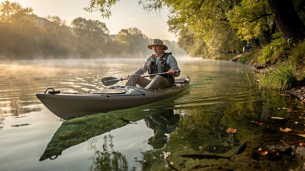Homme en kayak de pêche sur la Seine calme au lever du jour, lutte contre le vent et le poids du kayak