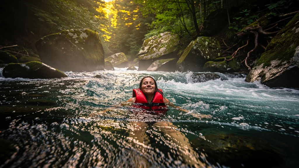 Femme apaisée lâchant prise dans une rivière vive, peur diminuée au contact de la nature sauvage