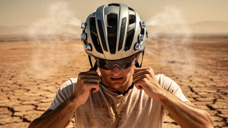 Homme portant un casque avec ventilation active réduisant l'inconfort sous forte chaleur et poussière intense