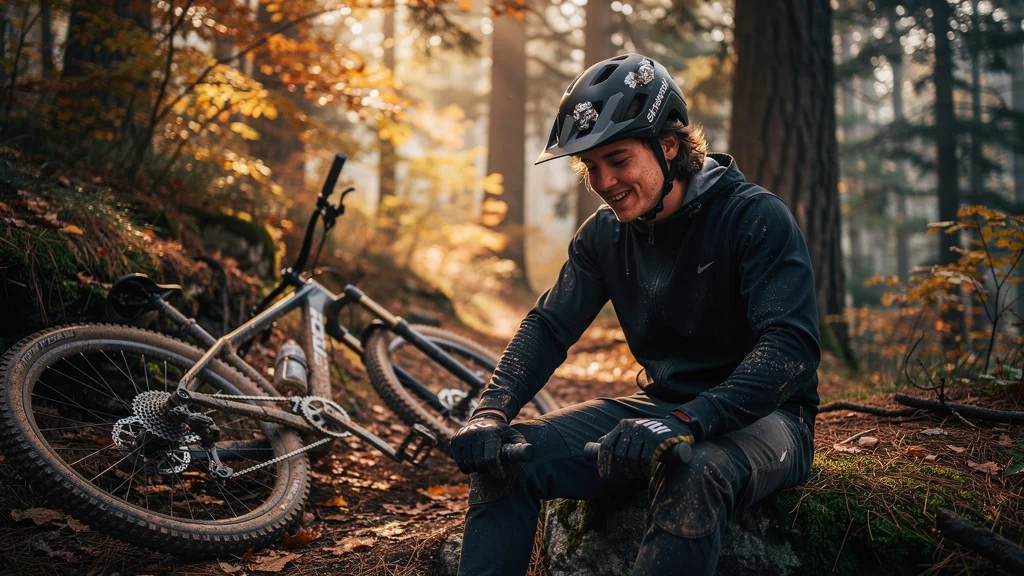 Homme avec casque ShredReady marqué de deux bosses après une chute en VTT, protection testée en conditions réelles