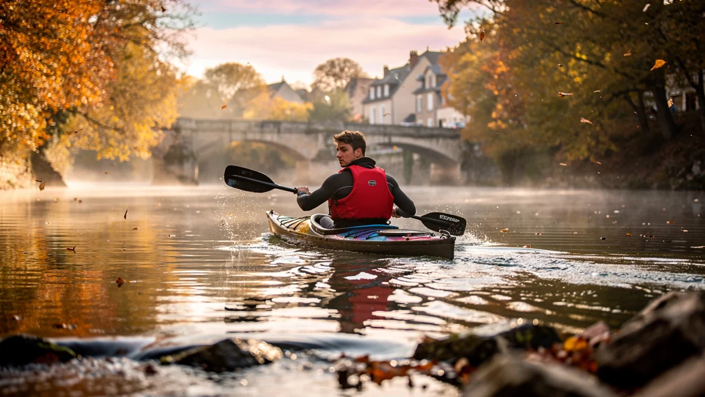 Kayak remontant le courant sur 8 km à Vernon, effort intense au cœur d’un paysage naturel automnal