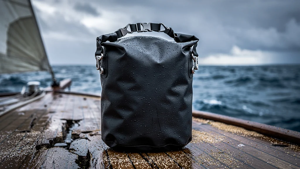 Sac étanche 20L sur un pont de bateau après 3 mois en mer, volume et étanchéité remarquables