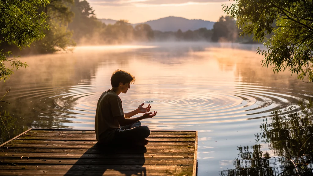 Personne concentrée lisant les ondulations d'eau au bord d'un lac au lever du soleil