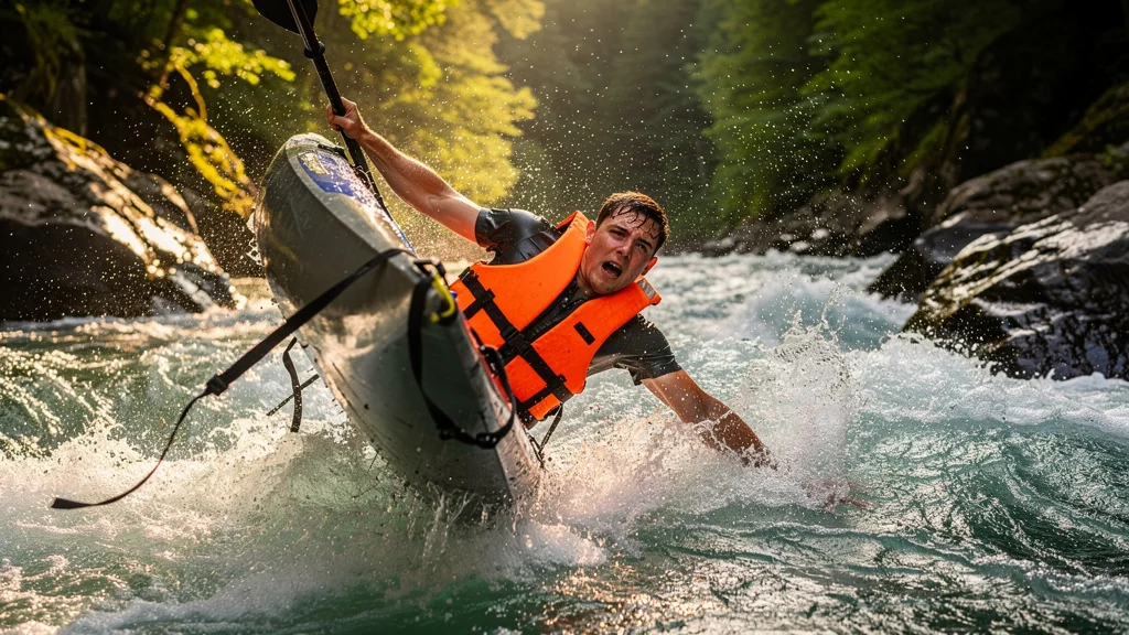 kayak en rivière avec gilet mal réglé bloquant lors d’un presque chavirage