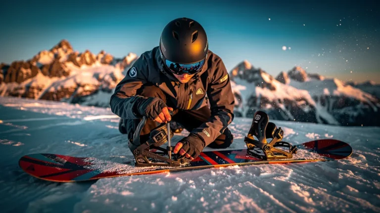 Snowboarder tightening bindings with torque wrench, illustrant l'importance d'un bon serrage de fixation