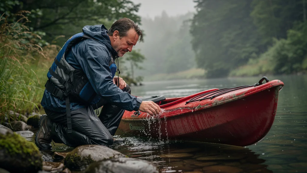 Kayak rigide avec eau infiltrée malgré calfeutrage usine, découvert en rivière