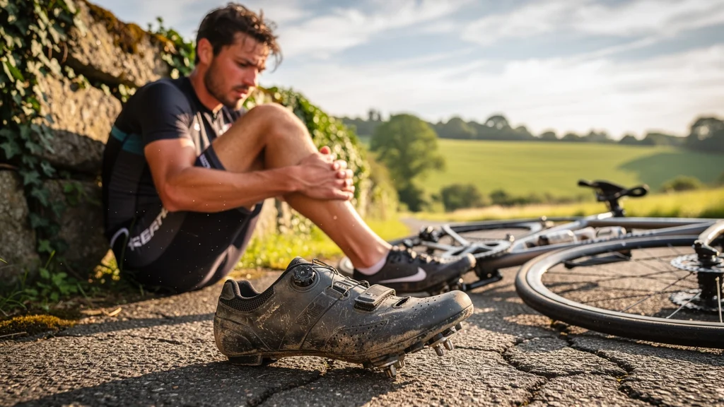 Cycliste souffrant de tendinite après un mauvais ajustement de cale-pieds avec chaussures et vélo détaillés
