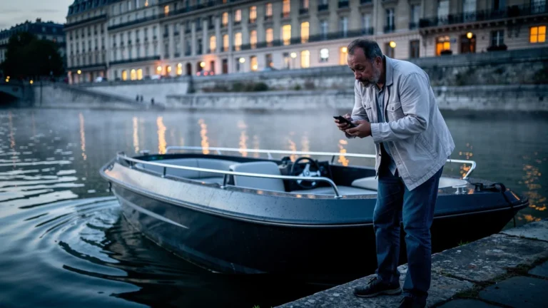 Bateau sur la Seine cherchant un arrêt d'urgence difficile à trouver au coucher du soleil à Paris