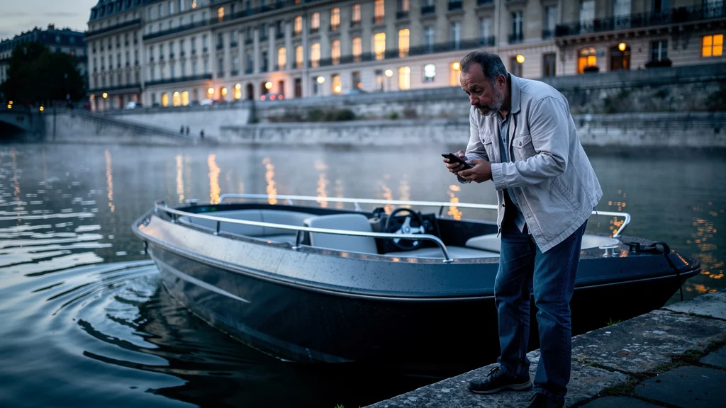 Bateau sur la Seine cherchant un arrêt d'urgence difficile à trouver au coucher du soleil à Paris