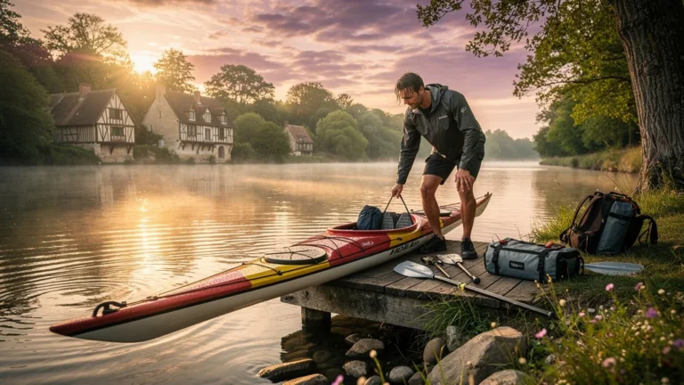 Kayak sportif à Normandie, transition vers tourisme fluvial au bord d’une rivière paisible au coucher du soleil
