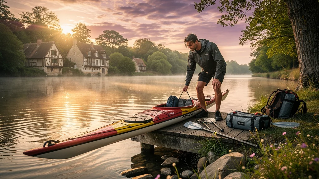 Kayak sportif à Normandie, transition vers tourisme fluvial au bord d’une rivière paisible au coucher du soleil