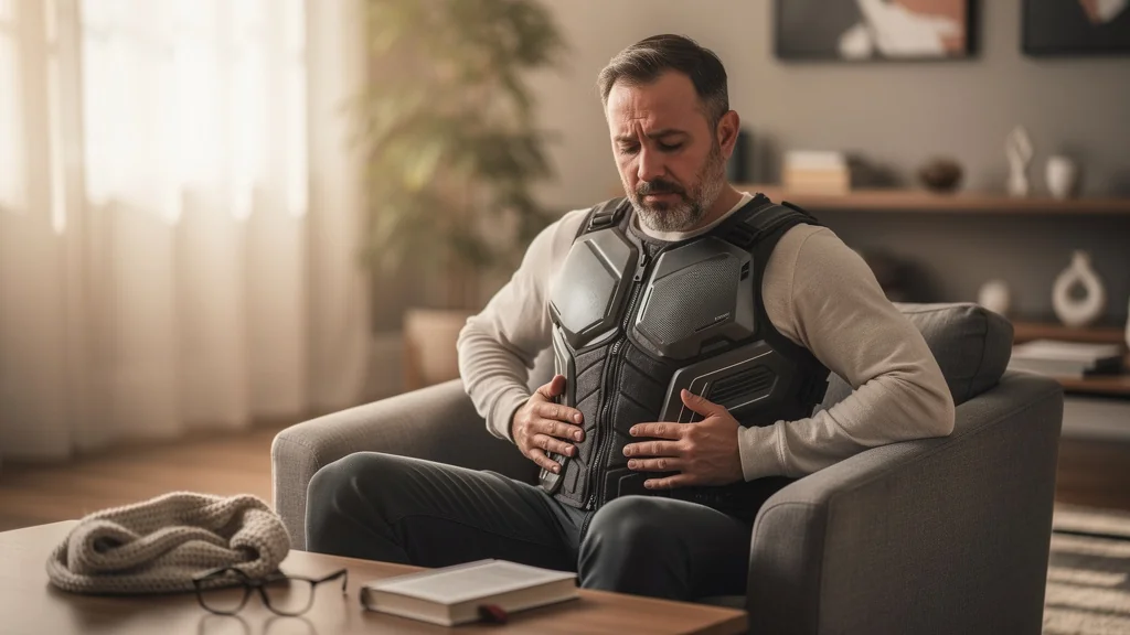 Homme montrant l'inconfort d'un gilet trop rigide malgré sa popularité dans un intérieur moderne