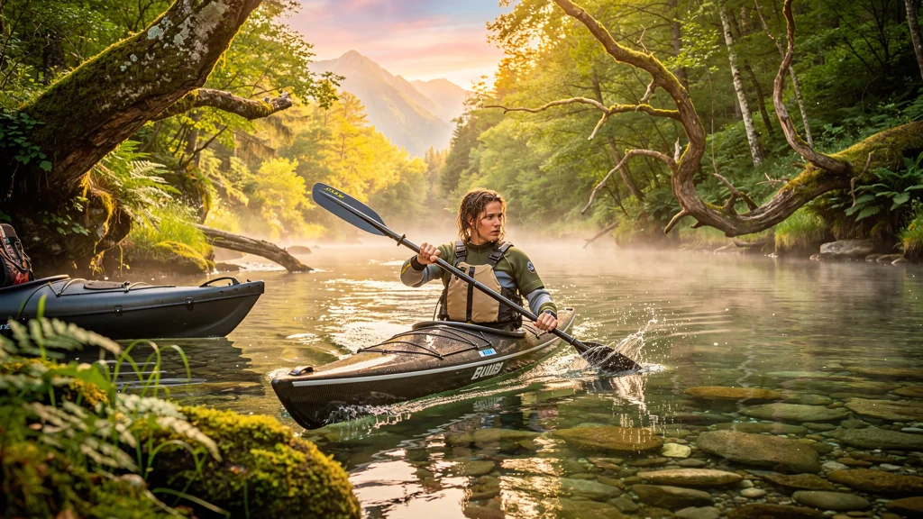 Kayak léger en rivière sous lumière dorée, illustrant la technique de pagayage préférée pour rivière