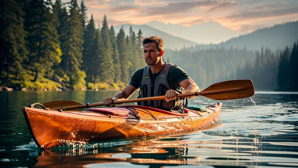 Kayakiste utilisant une pagaie plus lourde pour mieux sentir l'eau sur un lac paisible en forêt