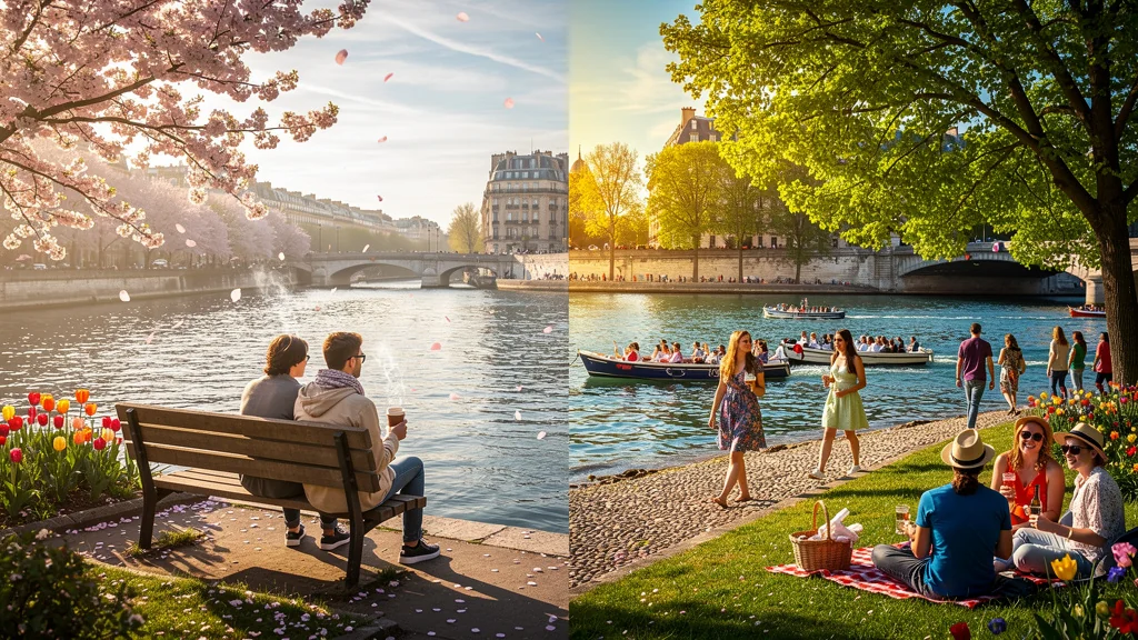 Comparaison réaliste des sorties printanières et estivales sur la Seine avec ambiance lumineuse et détails naturels