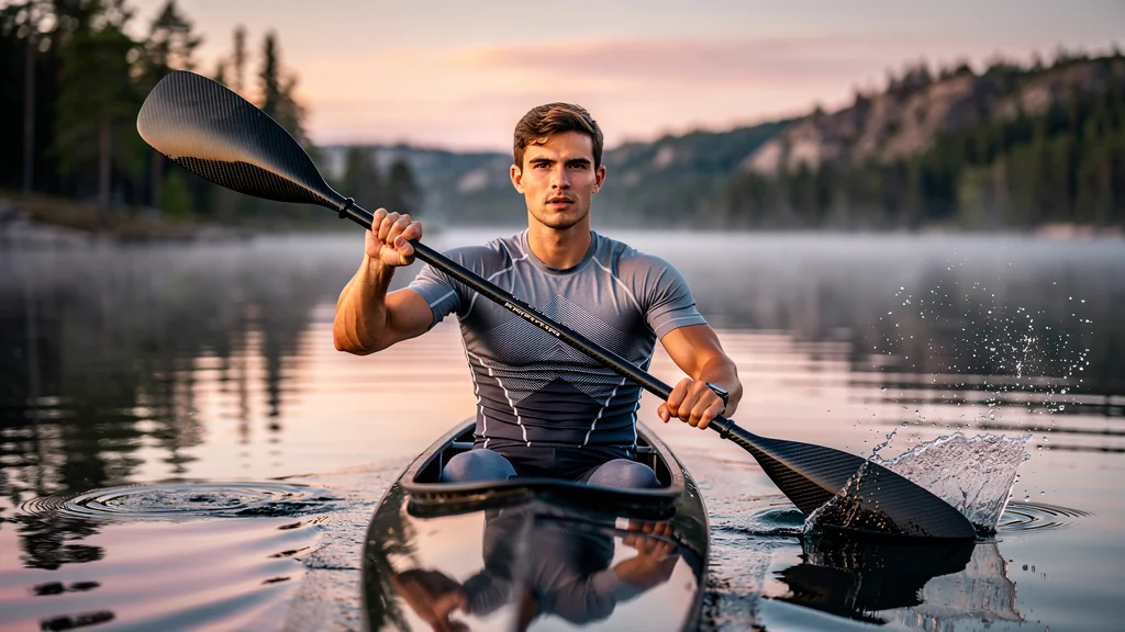 Pagaie carbone 70 cm en action sur lac au lever du jour, test cadence de pagaie précis et dynamique